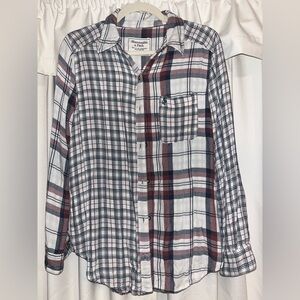 Abercrombie & Fitch Women’s Cranberry, Navy, and Cream Mixed Media Plaid Shirt